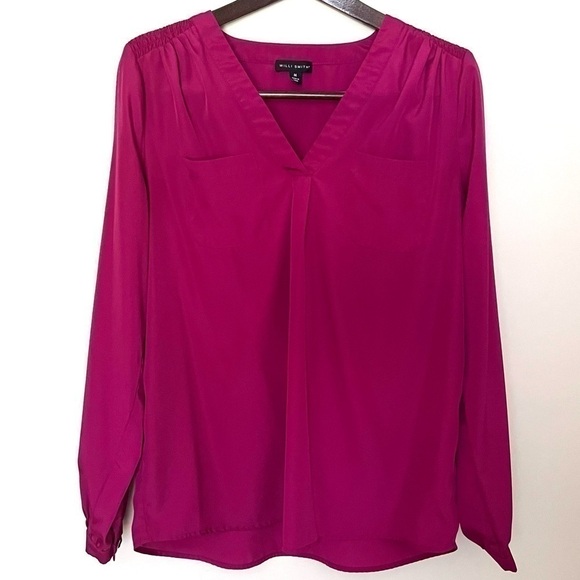 WILLI SMITH Women's V-Neck Fuchsia Long Sleeve Career Blouse Medium Relaxed Fit - Picture 1 of 12